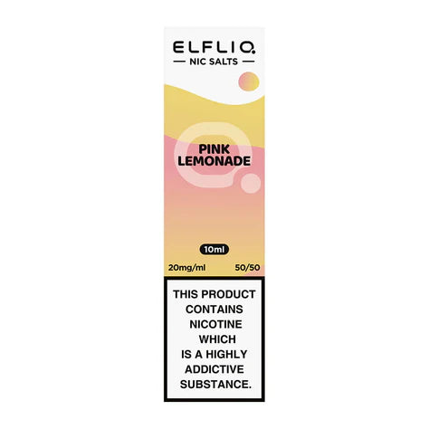 A product packaging for Elf Bar ElfLiq Pink Lemonade Nic Salt Vape Juice, indicating 10ml volume, nicotine content, and brand logo.