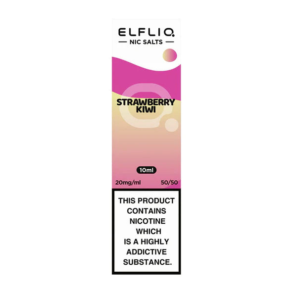 A product packaging for Elf Bar ElfLiq Strawberry Kiwi Nic Salt Vape Juice, featuring a pink and white color scheme with product information and branding.
