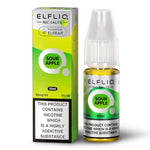 Load image into Gallery viewer, A product image showing a bottle of ELFBAR ElfLiq Nic Salts in Sour Apple flavor, alongside its packaging box. The bottle has a label with nicotine content information and a green and white color scheme.