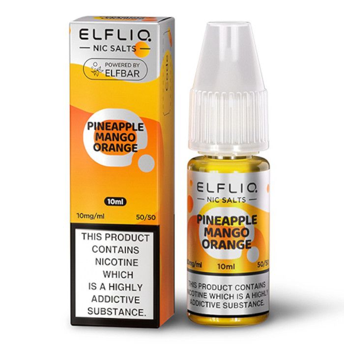 Packaging for ELFBAR ElfLiq Nic Salts featuring Pineapple Mango Orange flavor. The package includes a box and a 10ml bottle of the e-liquid.