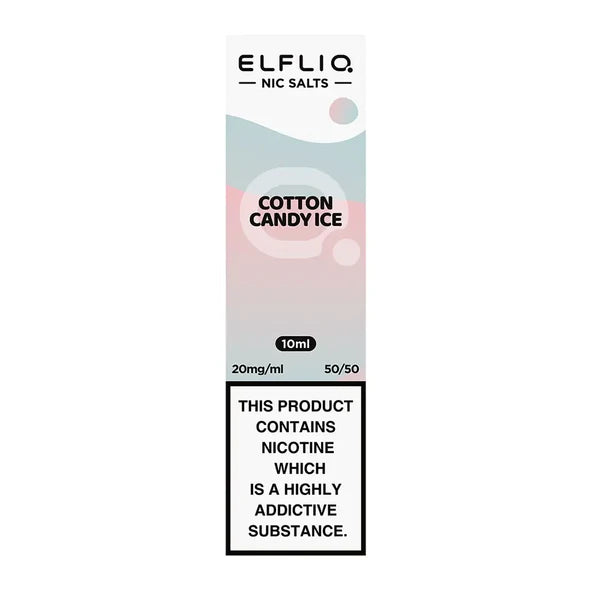 A bottle of Elf Bar ElfLiq Cotton Candy Ice Nic Salt Vape Juice, 10ml, with a label showing the flavor and nicotine strength.