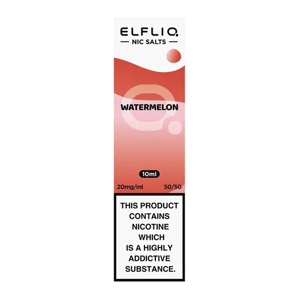 A bottle of Elf Bar ElfLiq Watermelon Nic Salt Vape Juice in a red and white label, indicating 10ml volume and nicotine content.