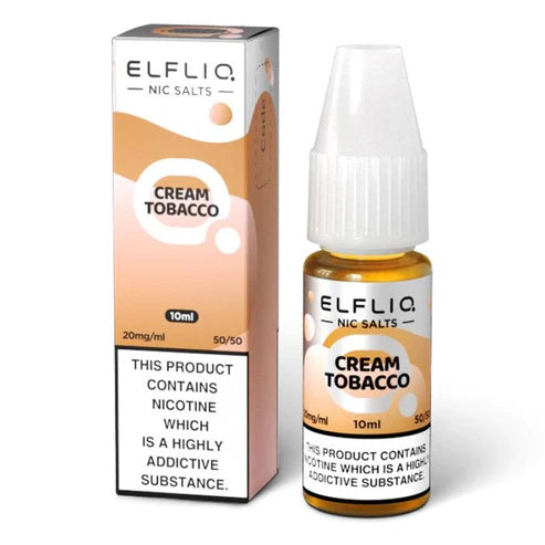 10ml Elf Bar ElfLiq Nic Salt E-Liquids featuring Cream Tobacco and Snow Tobacco flavors; Cream Tobacco offers a smooth blend of rich tobacco and creamy undertones, while Snow Tobacco delivers a bold tobacco taste with a refreshing menthol finish; both ideal for refillable pod systems with 10mg or 20mg nicotine salt options.