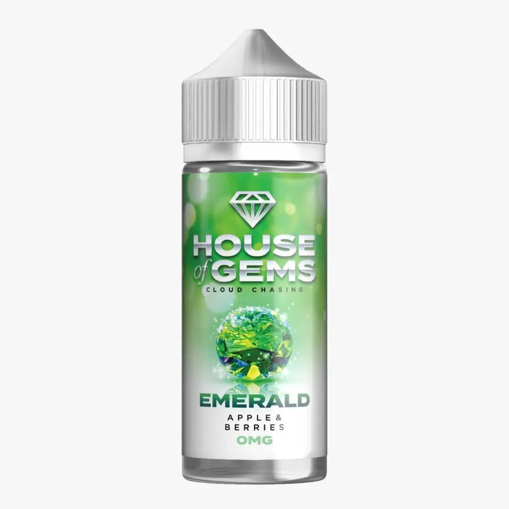 100ml shortfill bottle of Gemstone House of Gems E-Liquid in Emerald flavor, offering a luxurious and smooth vape with rich fruity notes; nicotine-free with space for nic shots, crafted for premium flavor and dense cloud production.