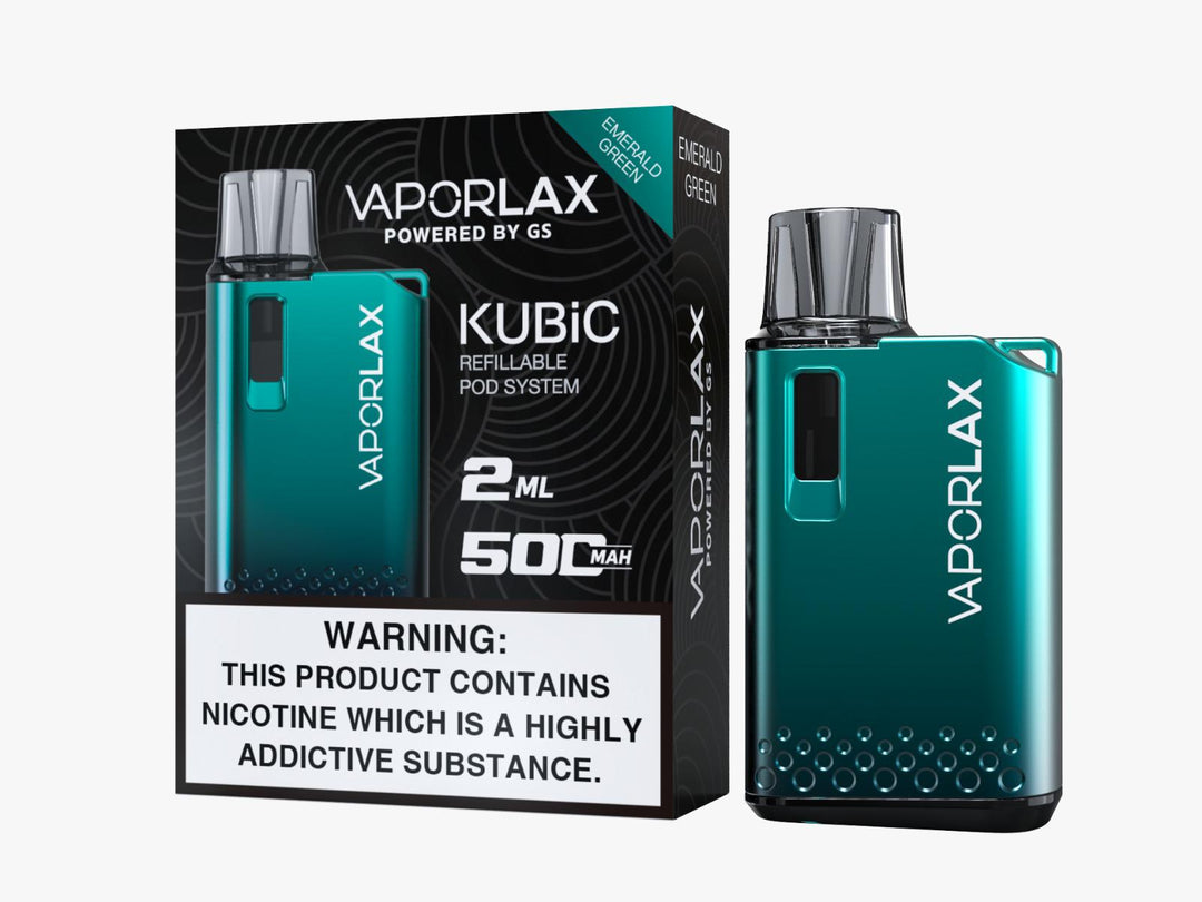 Vaporlax Kubic Refillable Pod Kit in Emerald Green – compact and stylish refillable vape device with a vibrant green finish, smooth draw activation, and user-friendly design.