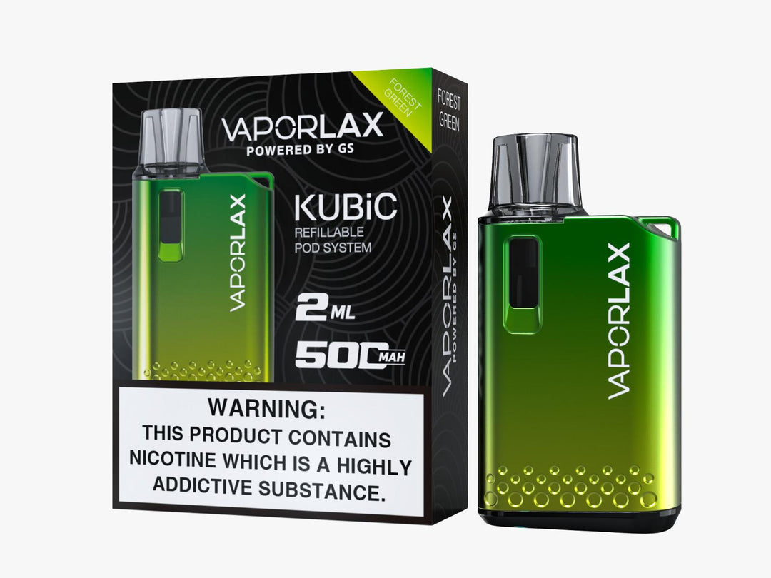 Vaporlax Kubic Refillable Pod Kit in Forest Green – compact and stylish refillable vape device with a smooth draw activation, and user-friendly design.