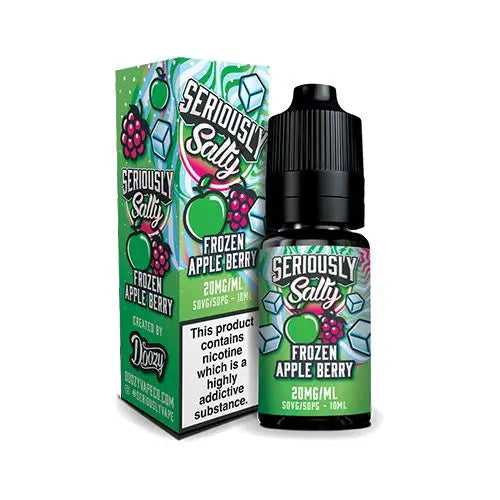 A 10ml bottle of Seriously Salty Frozen Apple Berry Nic Salt E-Liquid, featuring a label with green apples and mixed berries and a menthol leaf symbol, indicating a nicotine strength of 20mg.