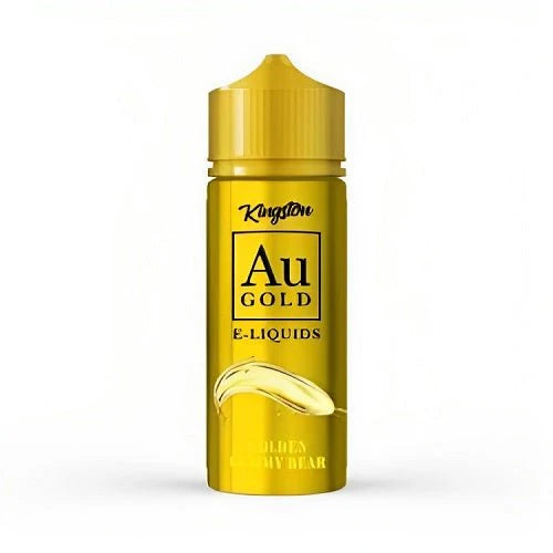 100ml shortfill bottle of Kingston AU Gold E-Liquid in Golden Gummy Bear flavor, crafted with a premium high-VG formula, nicotine-free with space for nic shots.