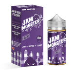 Load image into Gallery viewer, 100ml shortfill bottle of Jam Monster E-Liquid in Grape flavor, featuring the taste of sweet grape jam on buttered toast; crafted with a 75VG/25PG blend for bold flavor and thick clouds, TPD-compliant and nicotine-free with space for nic shots.