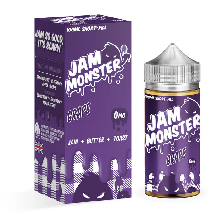100ml shortfill bottle of Jam Monster E-Liquid in Grape flavor, featuring the taste of sweet grape jam on buttered toast; crafted with a 75VG/25PG blend for bold flavor and thick clouds, TPD-compliant and nicotine-free with space for nic shots.