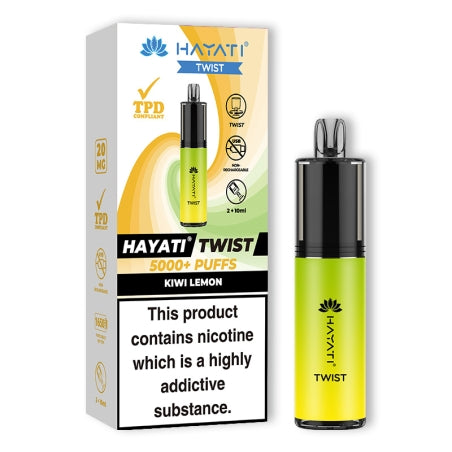 HAYATI TWIST 5000 Disposable Vape Pod Kit in Kiwi Lemon – compact and stylish disposable vape with up to 5,000 puffs.