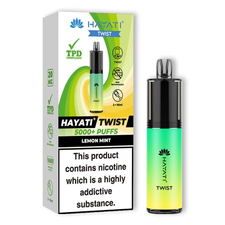HAYATI TWIST 5000 Disposable Vape Pod Kit in Lemon Mint – compact and stylish disposable vape with up to 5,000 puffs.