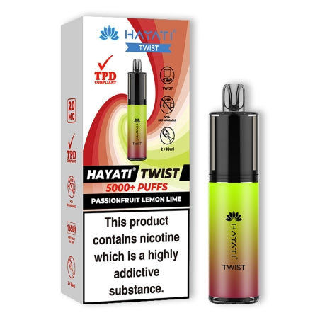 HAYATI TWIST 5000 Disposable Vape Pod Kit in Passionfruit Lemon Lime – compact and stylish disposable vape with up to 5,000 puffs.