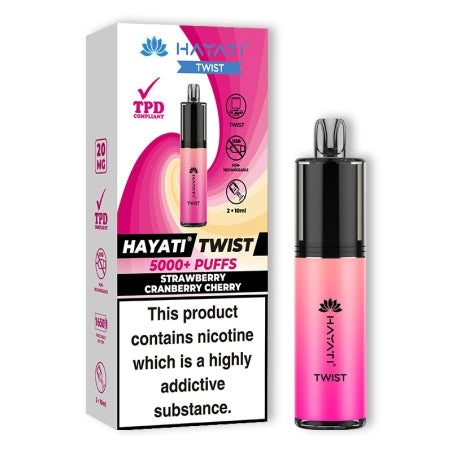 HAYATI TWIST 5000 Disposable Vape Pod Kit in Strawberry Cranberry Cherry – compact and stylish disposable vape with up to 5,000 puffs.