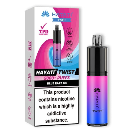 HAYATI TWIST 5000 Disposable Vape Pod Kit in Blue Razz GB – compact and stylish disposable vape with up to 5,000 puffs.