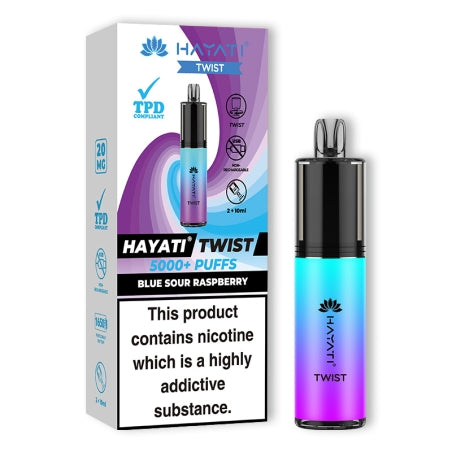 HAYATI TWIST 5000 Disposable Vape Pod Kit in Blue Sour Raspberry – compact and stylish disposable vape with up to 5,000 puffs.