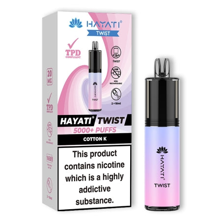 HAYATI TWIST 5000 Disposable Vape Pod Kit in Cotton Candy – compact and stylish disposable vape with up to 5,000 puffs.