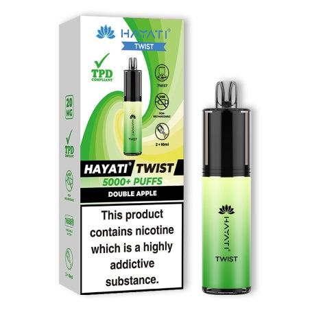 HAYATI TWIST 5000 Disposable Vape Pod Kit in Double Apple – compact and stylish disposable vape with up to 5,000 puffs.