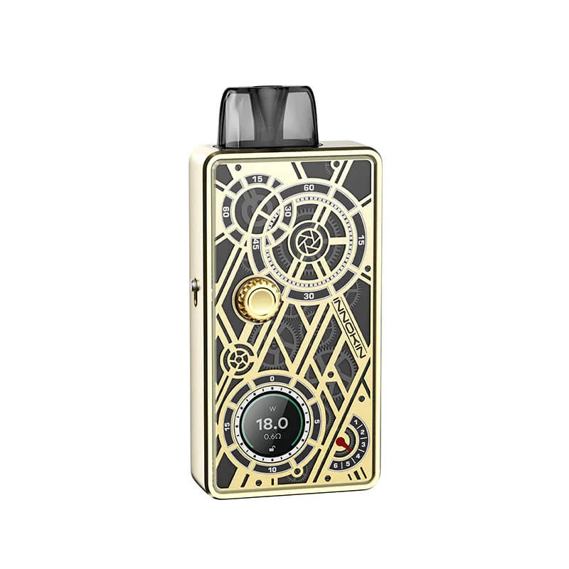 Innokin Klypse Mecha Pod Kit in Gold Glow – sleek pod system with 1400mAh battery, 2ml refillable pod, and adjustable airflow for MTL and RDL vaping.