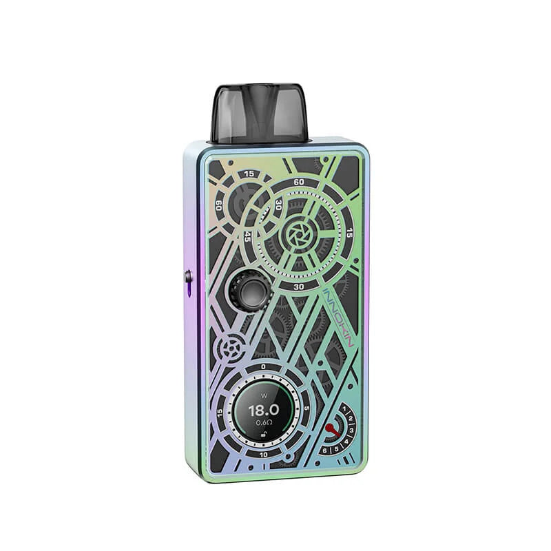 Innokin Klypse Mecha Pod Kit in Rainbow Fusion – sleek pod system with 1400mAh battery, 2ml refillable pod, and adjustable airflow for MTL and RDL vaping.