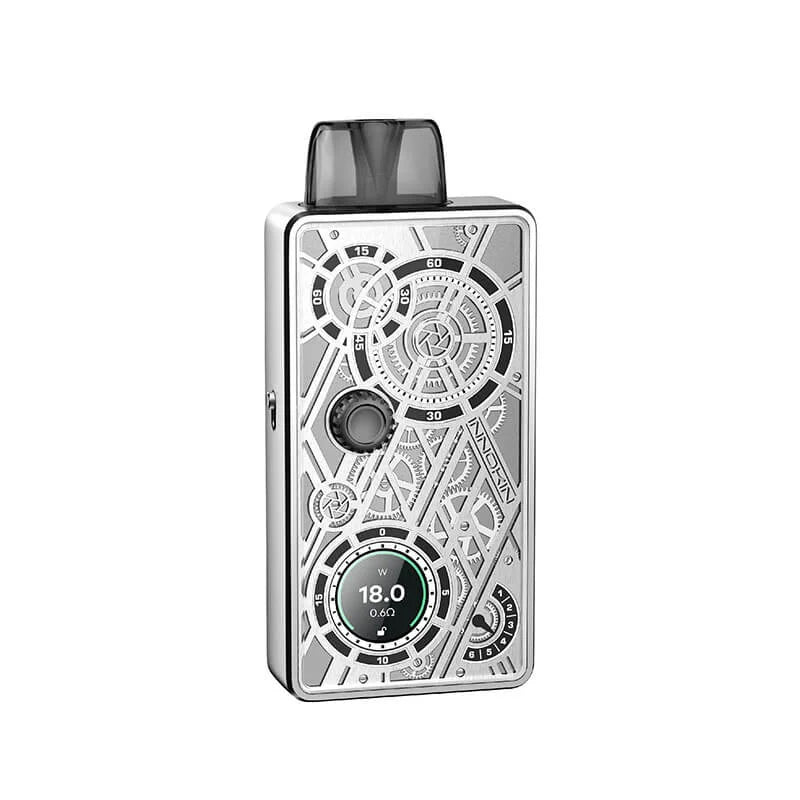 Innokin Klypse Mecha Pod Kit in Stardust Silver – sleek pod system with 1400mAh battery, 2ml refillable pod, and adjustable airflow for MTL and RDL vaping.