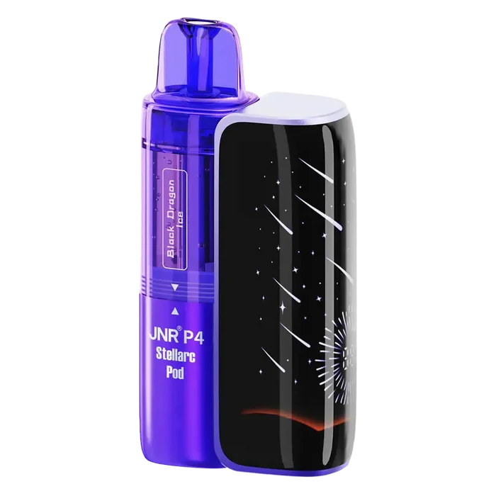 JNR P4 Stellarc 100K Prefilled Pod Kit in Black Dragon Ice / Passionfruit Kiwi – high-capacity pod vape kit with up to 100,000 puffs and rechargeable design.