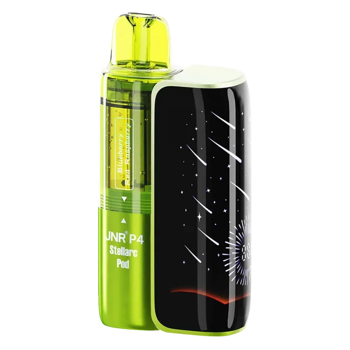 JNR P4 Stellarc 100K Prefilled Pod Kit in Blueberry Red Raspberry / Blueberry Pomegranate – high-capacity pod vape kit with up to 100,000 puffs and rechargeable design.