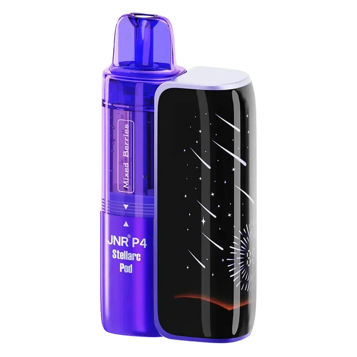 JNR P4 Stellarc 100K Prefilled Pod Kit in Mixed Berries / Mr Blue – high-capacity pod vape kit with up to 100,000 puffs and rechargeable design.