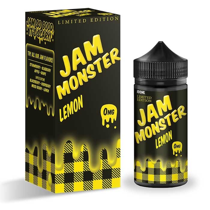100ml shortfill bottle of Jam Monster E-Liquid in Lemon flavor, crafted with a 75VG/25PG blend for bold flavor and thick clouds, TPD-compliant and nicotine-free with space for nic shots.