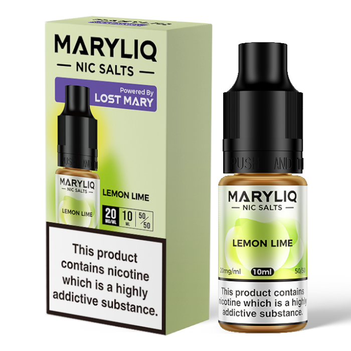 10ml bottle of MARYLIQ Nic Salts E-Liquid in Lemon Lime flavor, 20mg nicotine salt strength for a smooth and satisfying throat hit, ideal for refillable pod kits and MTL vaping.