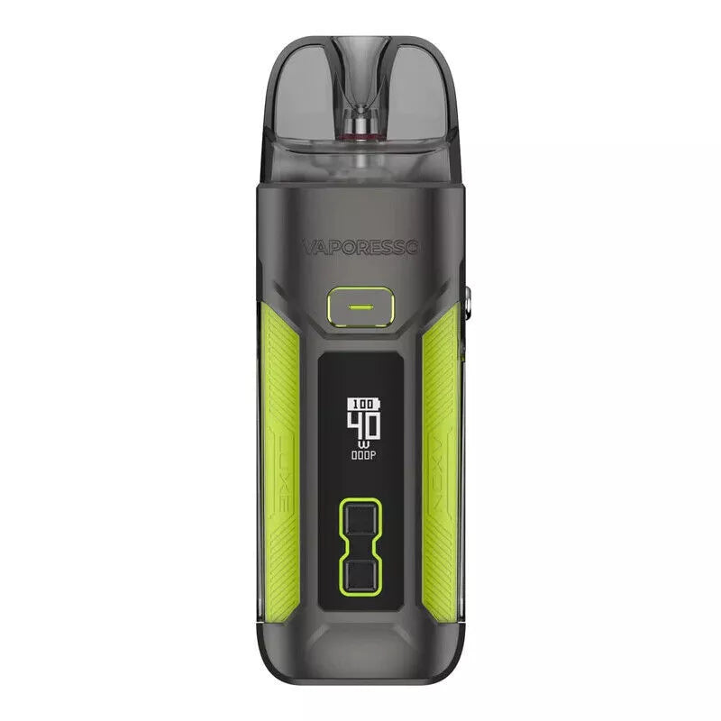 Vaporesso LUXE X Pro Pod Kit in Gunmetal Lime – advanced vape device with a customizable power settings, and COREX heating tech for smooth, flavorful performance.