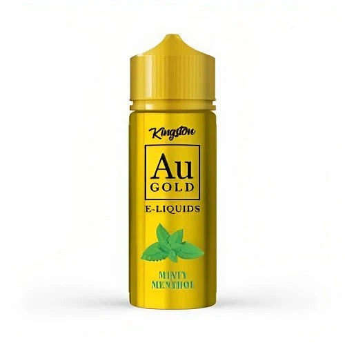 100ml shortfill bottle of Kingston AU Gold E-Liquid in Minty Menthol flavor, crafted with a premium high-VG formula, nicotine-free with space for nic shots.