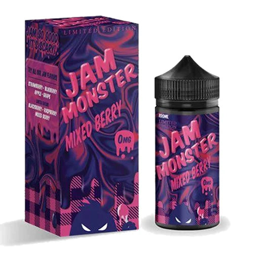 100ml shortfill bottle of Jam Monster E-Liquid in Mixed Berry flavor, crafted with a 75VG/25PG blend for bold flavor and thick clouds, TPD-compliant and nicotine-free with space for nic shots.