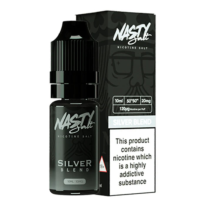 A 30ml bottle of Nasty Salt Silver Blend Nic Salt Vape Juice featuring sleek silver and white packaging, highlighting the refined tobacco flavor and Nasty Salt branding, crafted for use in nicotine salt vape devices