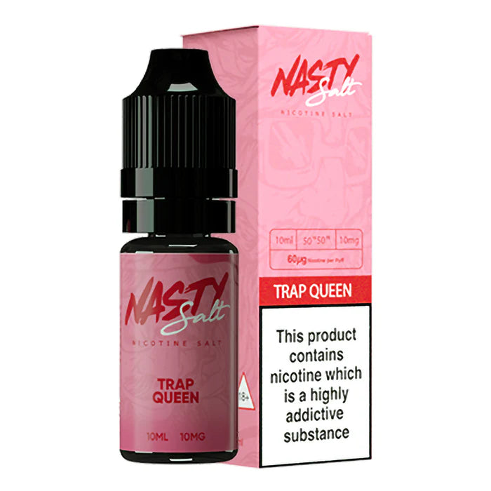 Nasty Salt Trap Queen Nic Salt Vape Juice – sleek 10 ml bottle featuring a bold berry medley flavor with smooth nicotine salts, dropper top for pod-system convenience.