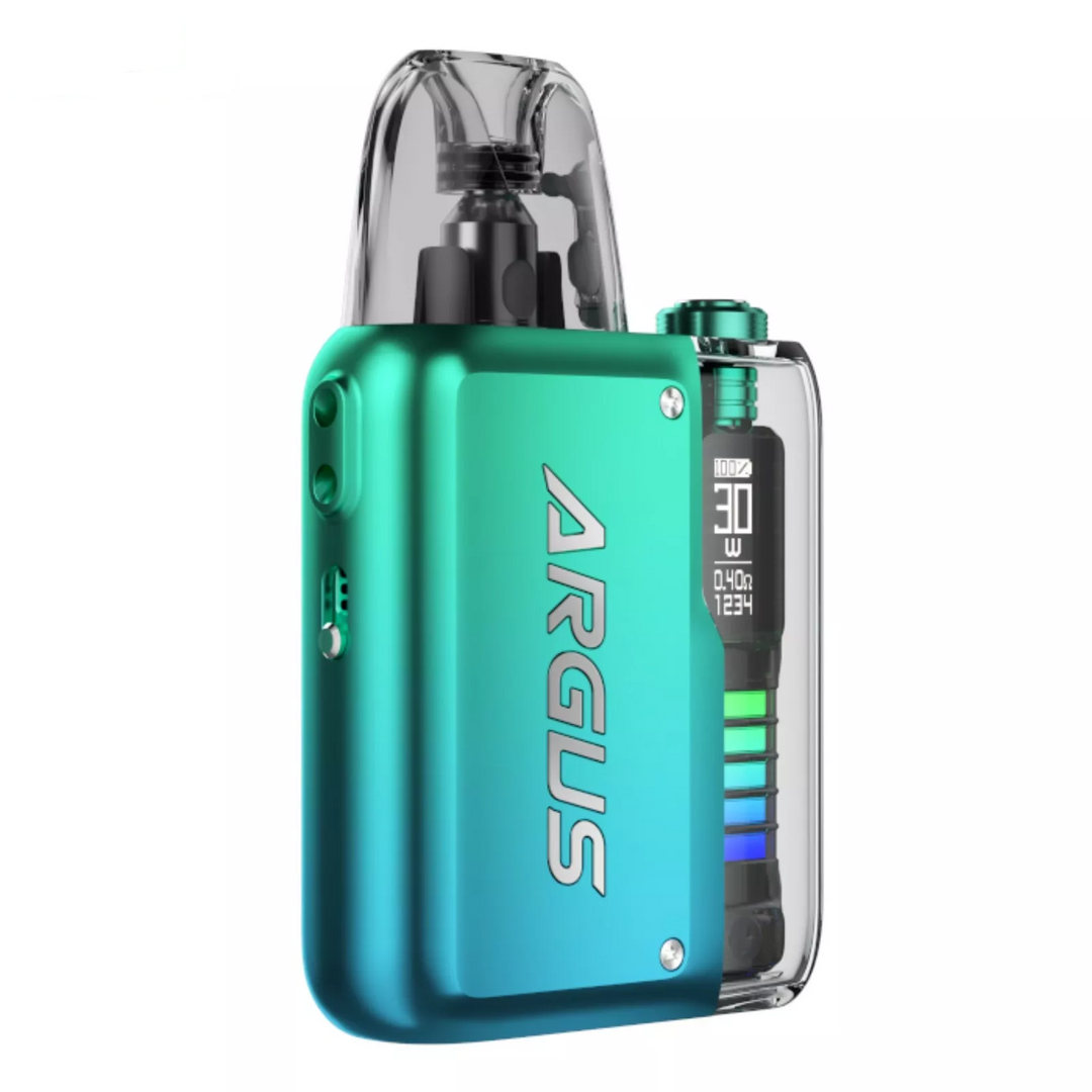 VOOPOO Argus P2 Pod Kit in Neon Blue – sleek and compact pod vape with a dynamic LED display, adjustable wattage, and smooth performance for everyday vaping.