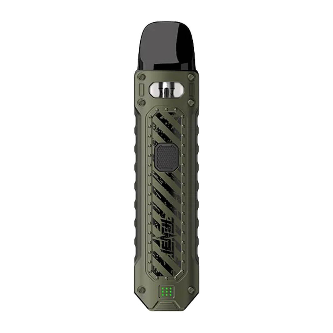 Uwell Caliburn Tenet Pod Kit in Olive Green – rugged and industrial-style pod system with a shockproof metal frame, Pro-FOCS flavor tech, and easy top-fill pods for a bold vaping experience.