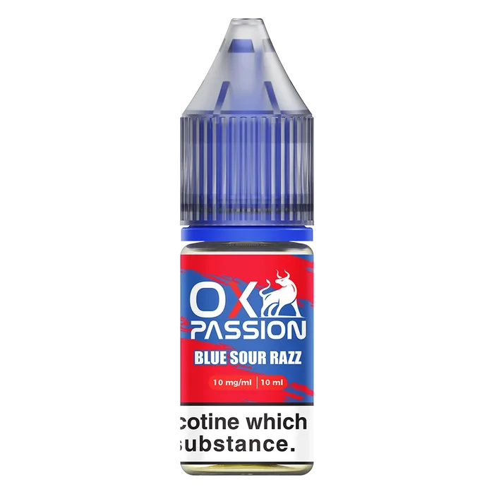 Oxva Ox Passion Nic Salt E-Liquid Blue Sour Razz – pack of 10x 10ml bottles, available in 10mg or 20mg nicotine strength.