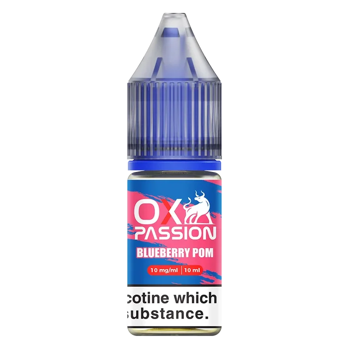 Oxva Ox Passion Nic Salt E-Liquid Blueberry Pom – pack of 10x 10ml bottles, available in 10mg or 20mg nicotine strength.