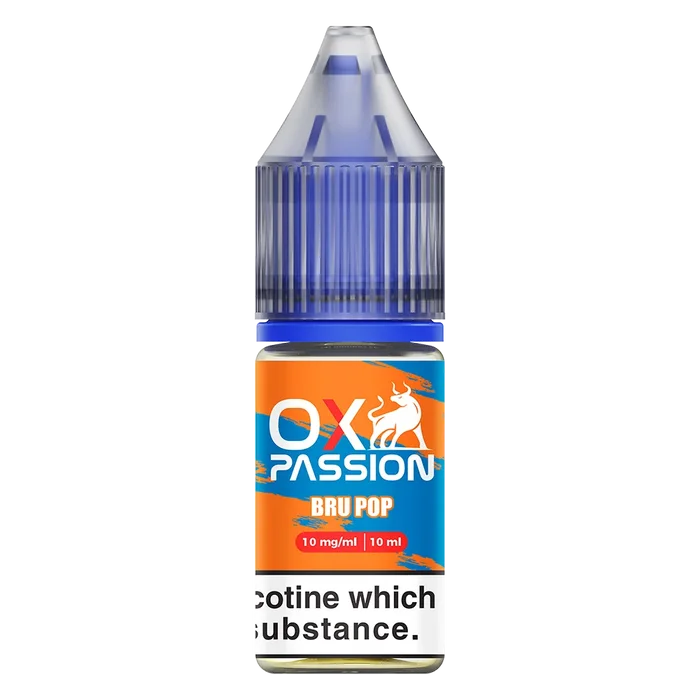 Oxva Ox Passion Nic Salt E-Liquid Bru Pop – pack of 10x 10ml bottles, available in 10mg or 20mg nicotine strength.