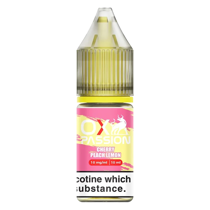 Oxva Ox Passion Nic Salt E-Liquid Cherry Peach Lemon – pack of 10x 10ml bottles, available in 10mg or 20mg nicotine strength.
