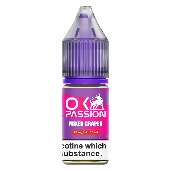 Oxva Ox Passion Nic Salt E-Liquid Mixed Grapes – pack of 10x 10ml bottles, available in 10mg or 20mg nicotine strength.