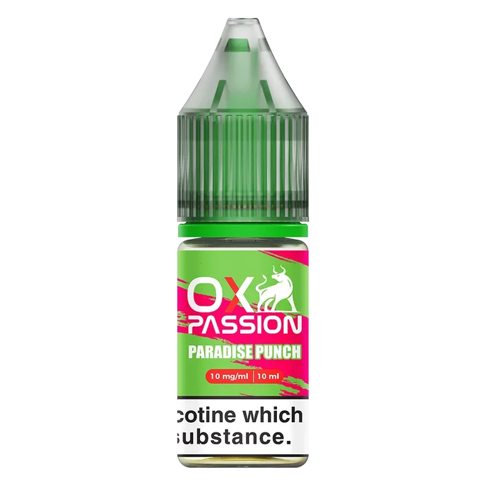 Oxva Ox Passion Nic Salt E-Liquid Paradise Punch – pack of 10x 10ml bottles, available in 10mg or 20mg nicotine strength.