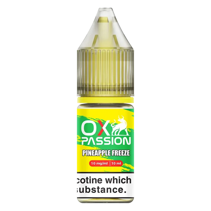 Oxva Ox Passion Nic Salt E-Liquid Pineapple Freeze – pack of 10x 10ml bottles, available in 10mg or 20mg nicotine strength.