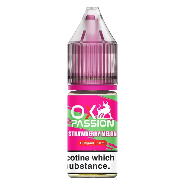 Oxva Ox Passion Nic Salt E-Liquid Strawberry Melon – pack of 10x 10ml bottles, available in 10mg or 20mg nicotine strength.