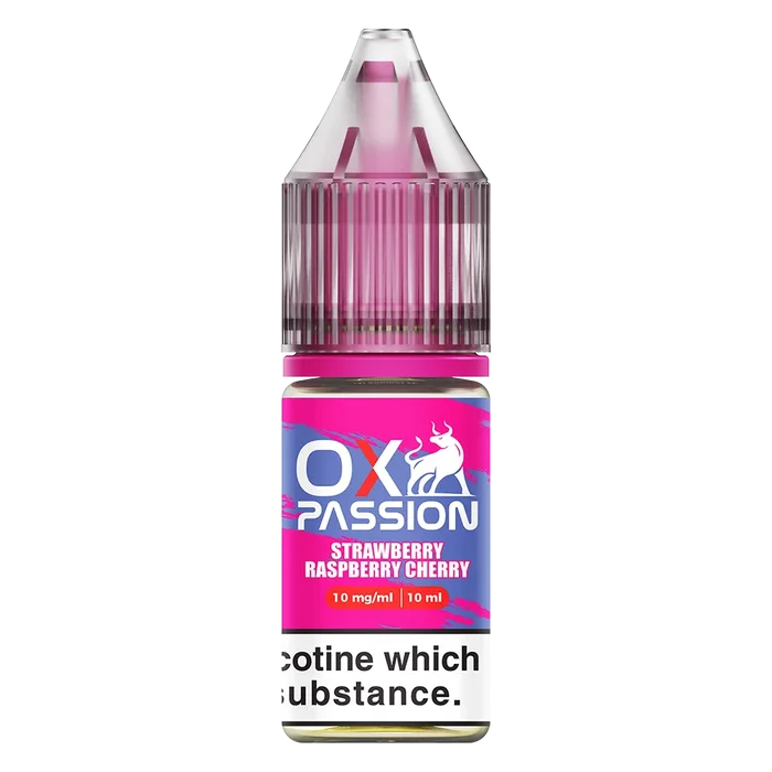 Oxva Ox Passion Nic Salt E-Liquid Strawberry Raspberry Cherry – pack of 10x 10ml bottles, available in 10mg or 20mg nicotine strength.