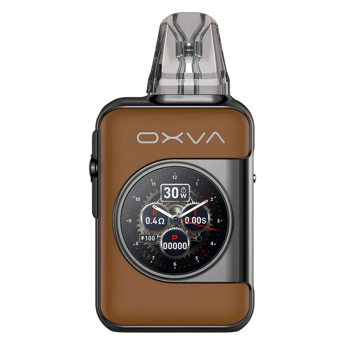 OXVA Xlim SQ Pro 2 Pod Kit in Brown Leather – compact and high-performance vape device with a textured carbon finish, smart display, and adjustable power settings