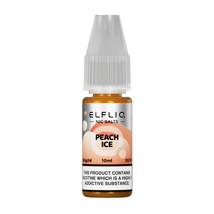 A bottle of ELFBAR ElfLiq Nic Salts e-liquid in Peach Ice flavor, containing 10ml of liquid with a nicotine content warning label.