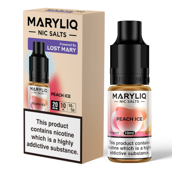 10ml bottle of MARYLIQ Nic Salts E-Liquid in Peach Ice flavor, 20mg nicotine salt strength for a smooth and satisfying throat hit, ideal for refillable pod kits and MTL vaping.