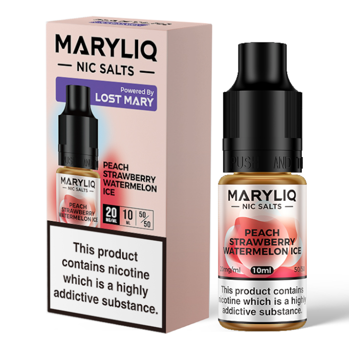 10ml bottle of MARYLIQ Nic Salts E-Liquid in Peach Strawberry Watermelon Ice flavor, 20mg nicotine salt strength for a smooth and satisfying throat hit, ideal for refillable pod kits and MTL vaping.